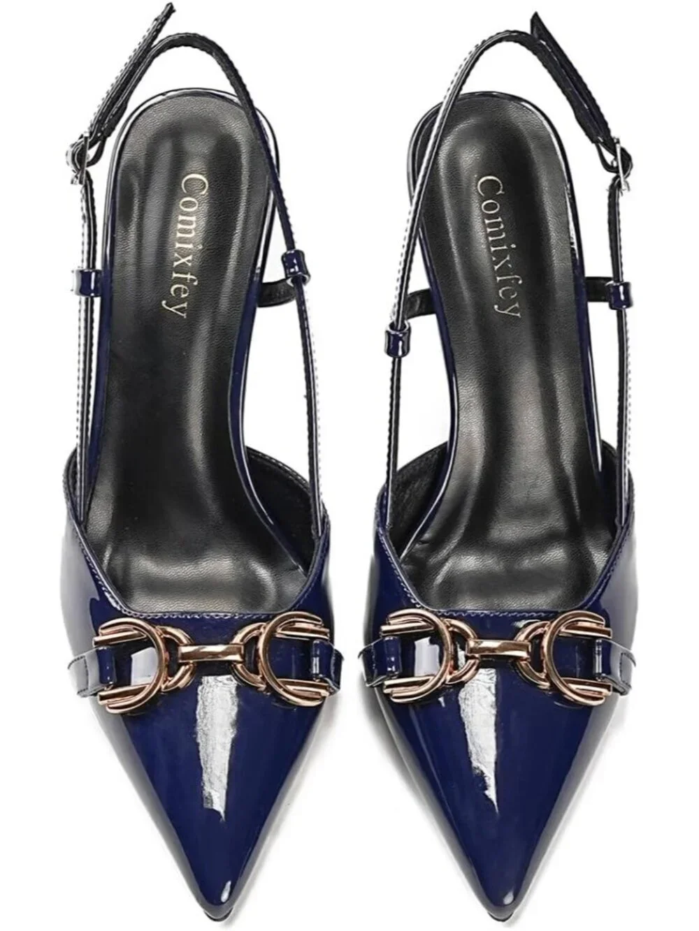 Women's Dark Blue Slingback Pointed Toe Stiletto Heels Shoes Adjustable Buckle